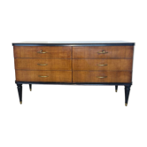Commode en acajou plaqué avec plateau en verre vert, années 1950