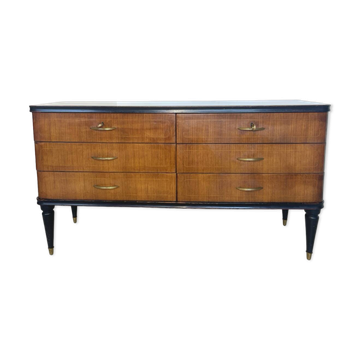 Commode en acajou plaqué avec plateau en verre vert, années 1950