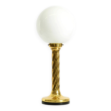 Large 1960s brass column-style table lamp with frosted glass globe