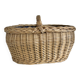 Large vintage wicker basket and blue lining with white polka dots