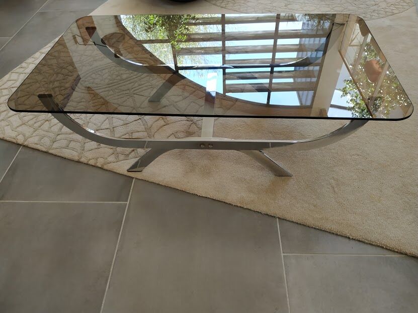 Rectangular chrome metal coffee table and 70s smoked glass