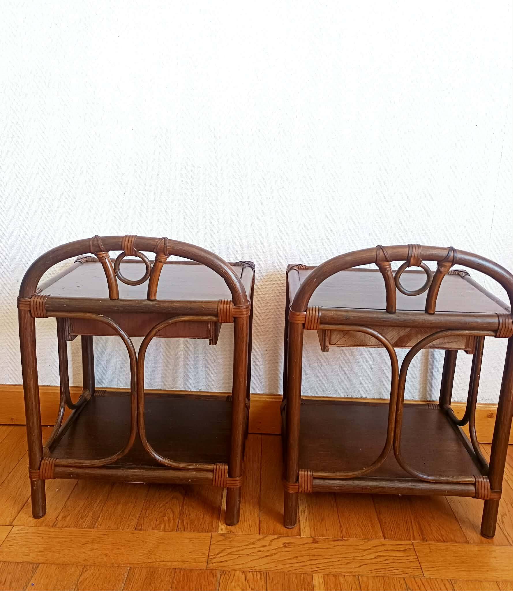 Pair of vintage 1960s rattan bedside tables