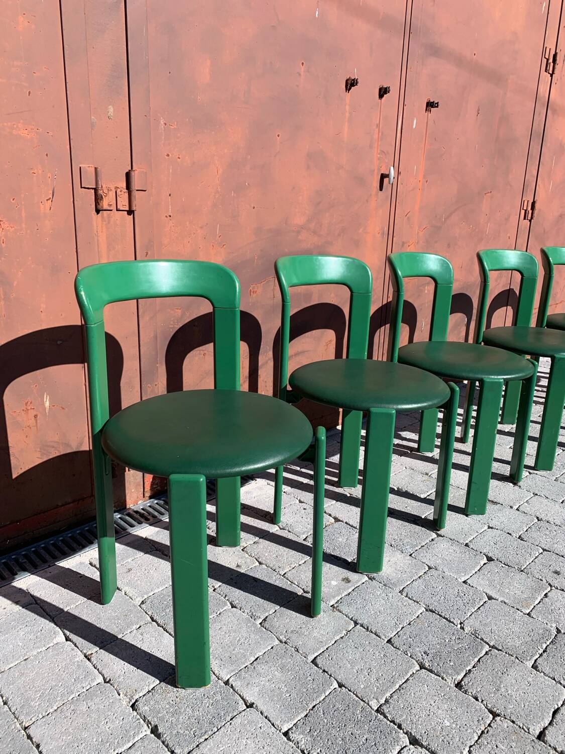 6 Bruno Rey Kush & co Green Stackable Chairs Circa 1970