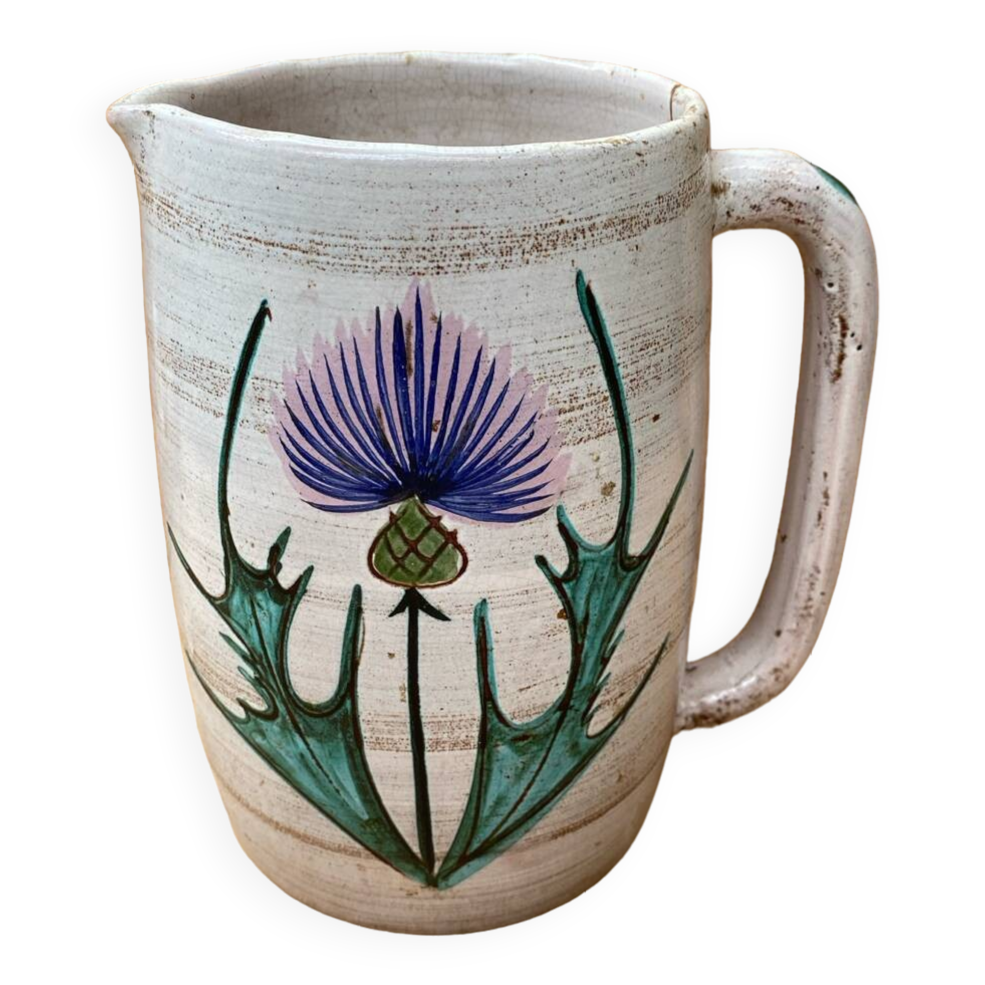 Antique vallauris ceramic pitcher with vintage blue thistle decor