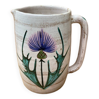 Antique vallauris ceramic pitcher with vintage blue thistle decor