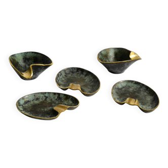 Beautiful five mid-century heavy brass table ashtrays, Carl Auböck Austria