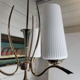 Vintage 3-light brass chandelier in opaline from the 60s