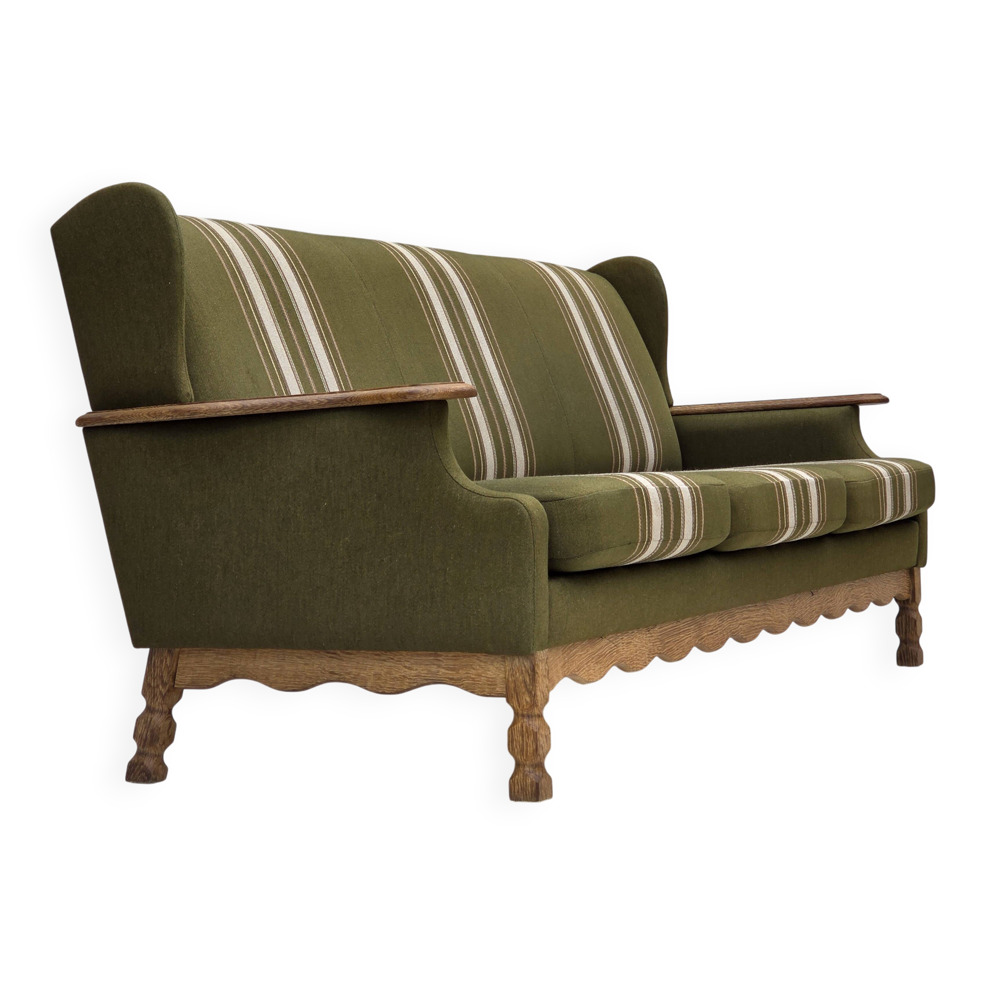 1970s, Danish 3-seater sofa, furniture wool, solid oak wood.