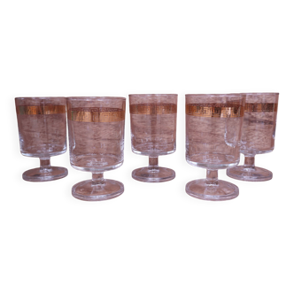 5 transparent stemmed water glasses with gold rim Luminarc