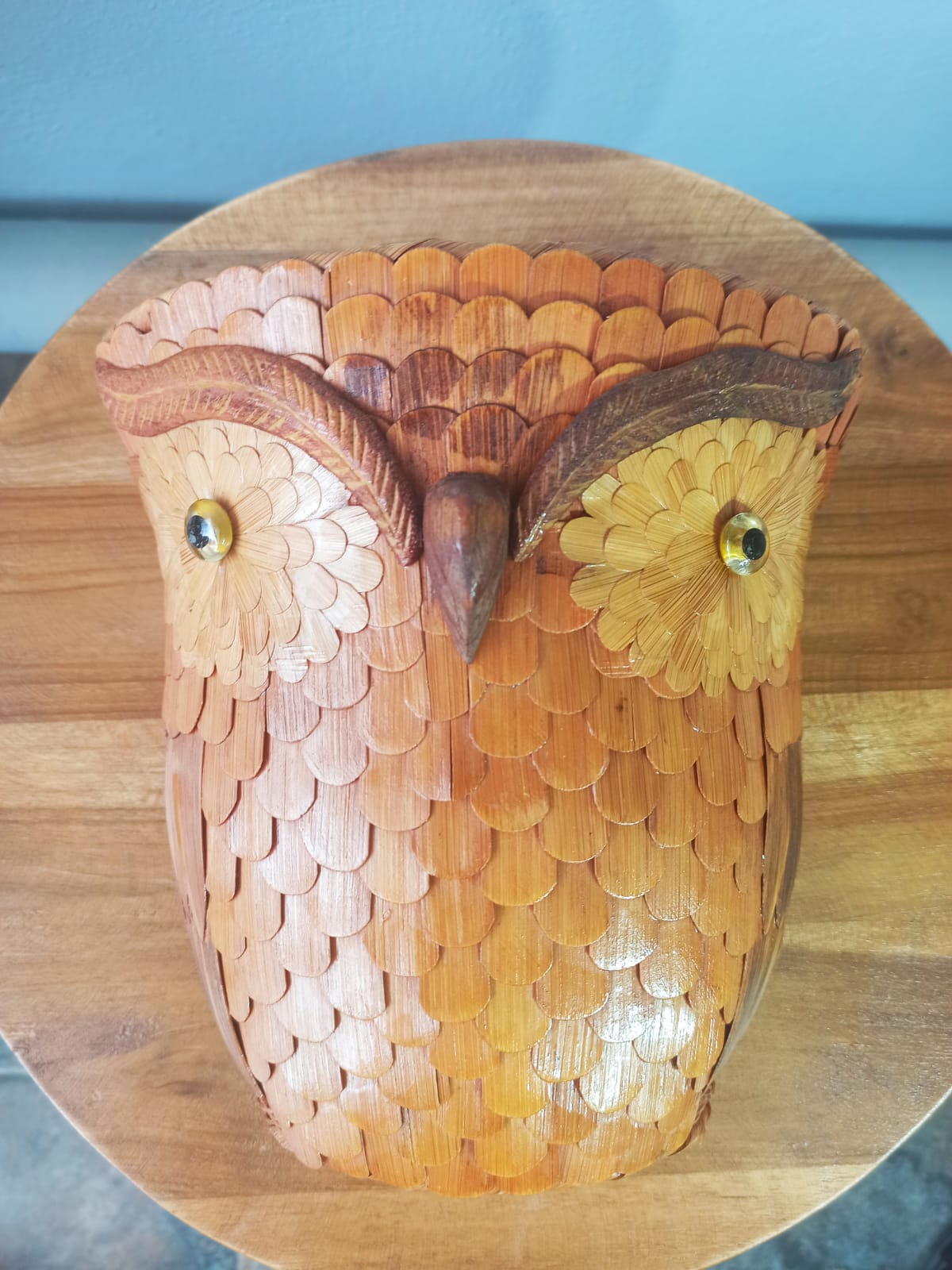 Vintage wall basket, wicker owl and bamboo