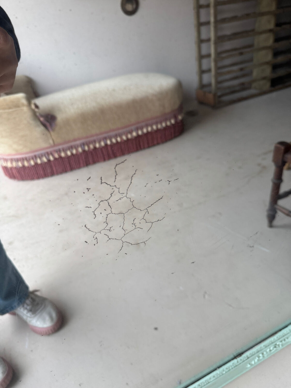 Large antique mercury mirror, patinated blue sculpted frame.