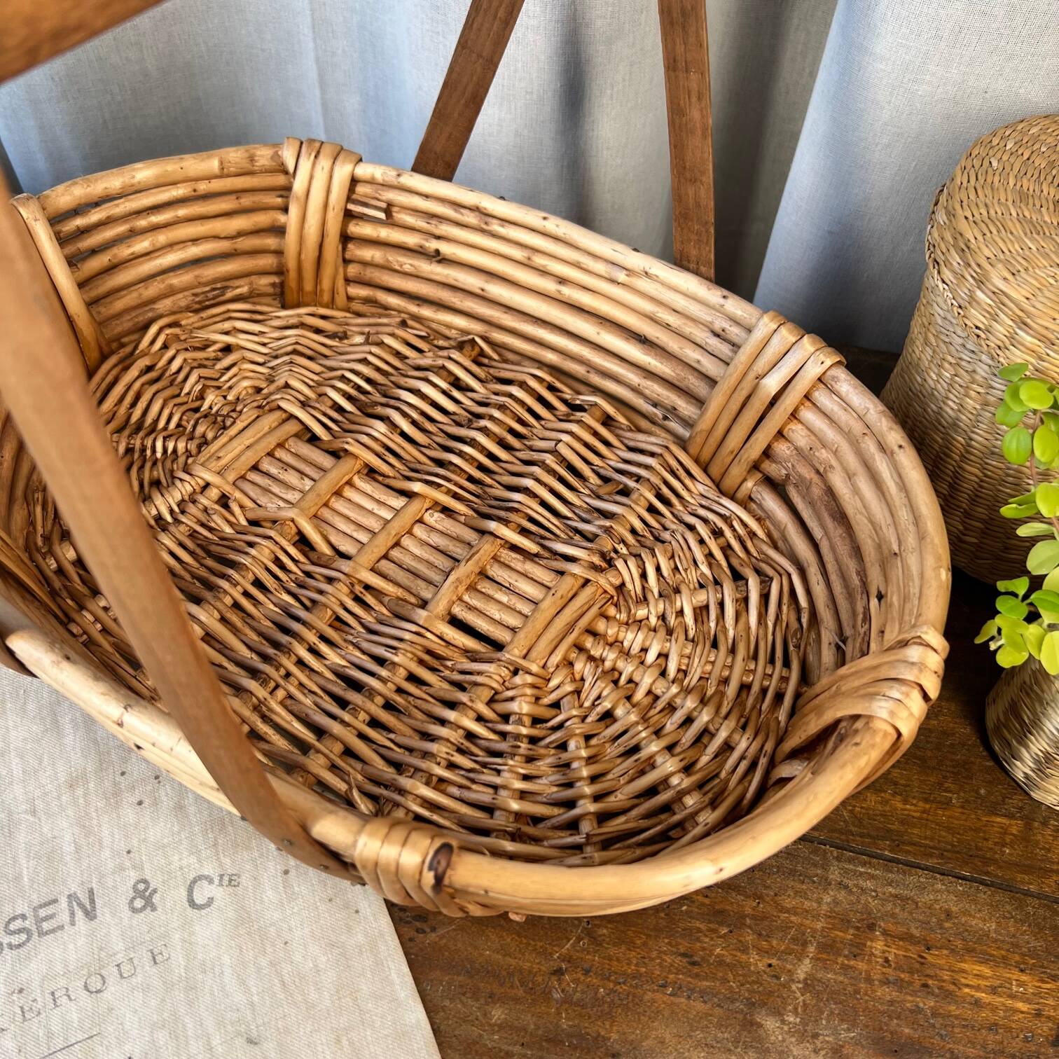 Wicker, bamboo and wood basket