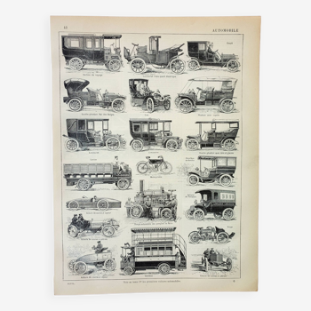 Gravure ancienne 1898, Automobile, voiture, car, véhicule • Lithographie, Planche originale