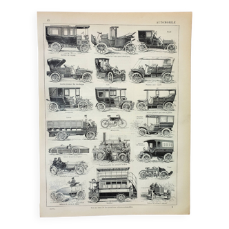 Gravure ancienne 1898, Automobile, voiture, car, véhicule • Lithographie, Planche originale