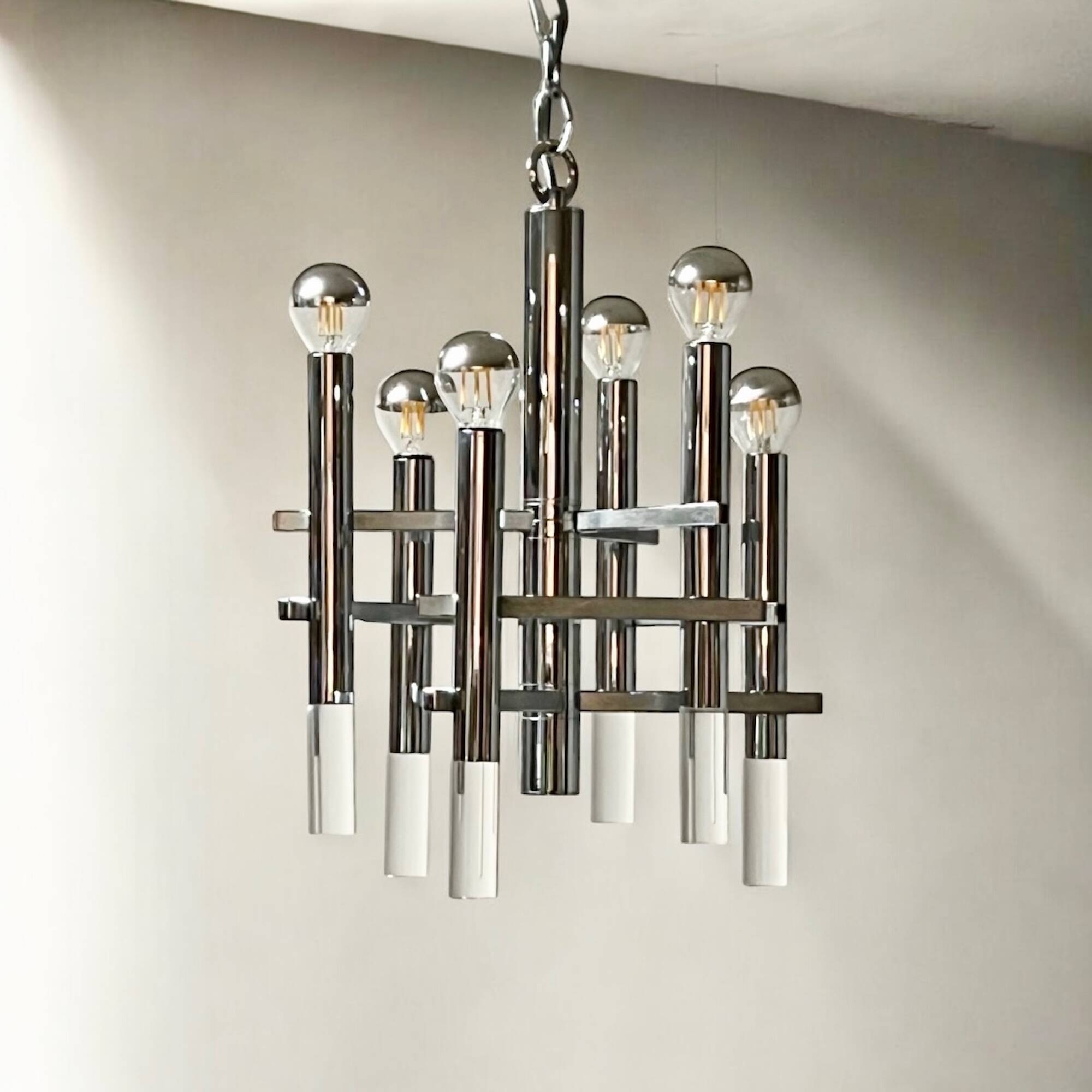 Large 70s Pendant Lamp in Chrome Metal and Perspex by Sciolari