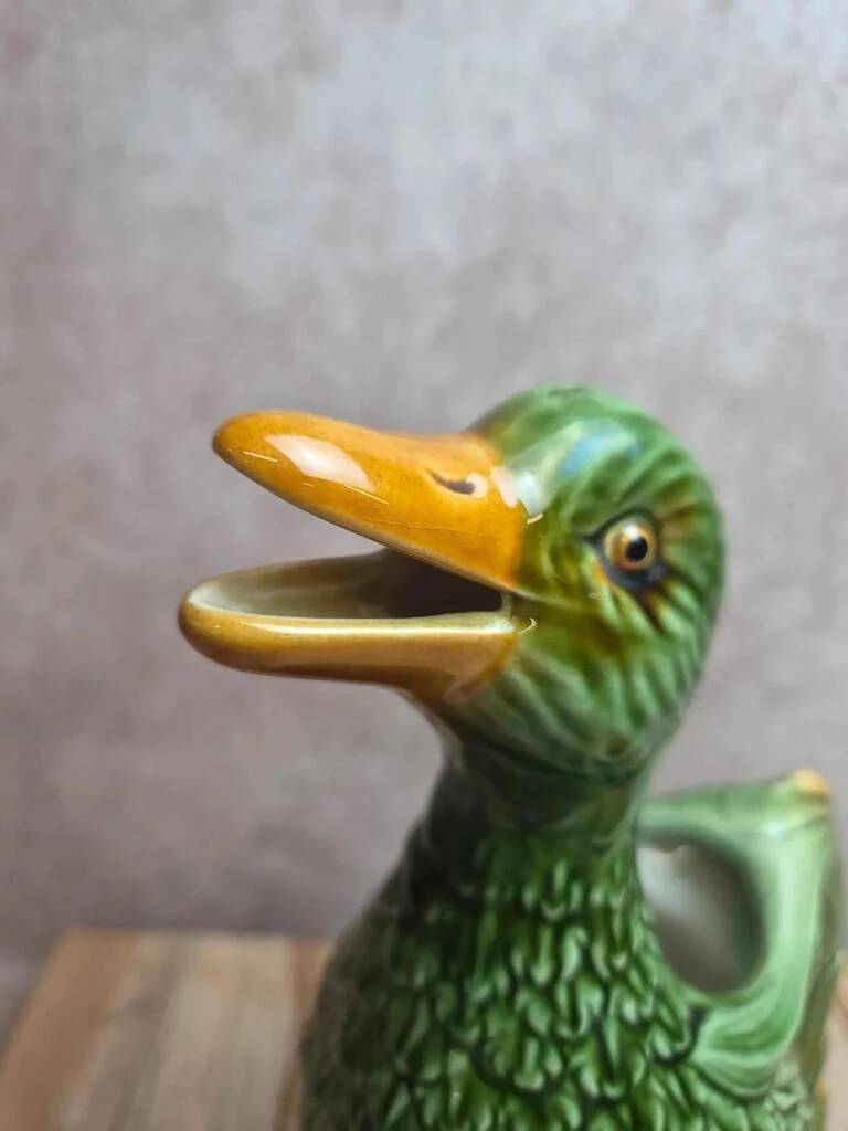 Large vintage duck jug in barbotine – green glazed earthenware – 29 cm