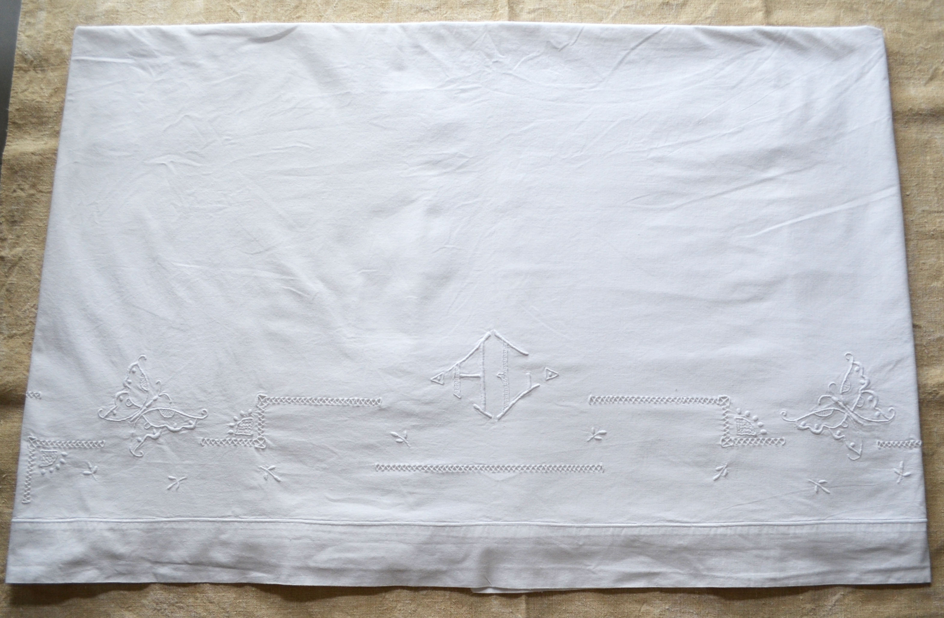 Old sheet hand embroidery and monogram
