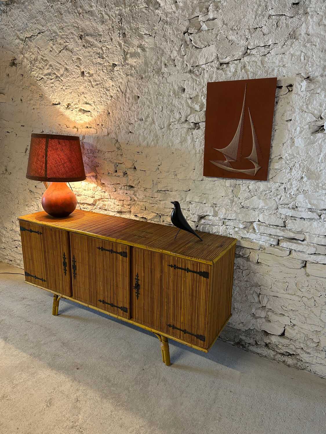 Bamboo and metal enfilade in the Audoux Minet style, 1950s.