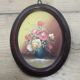 Small vintage oval painting – Raised bouquet of flowers – Retro burgundy frame