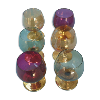 Set of 6 colored and golden cognac glasses