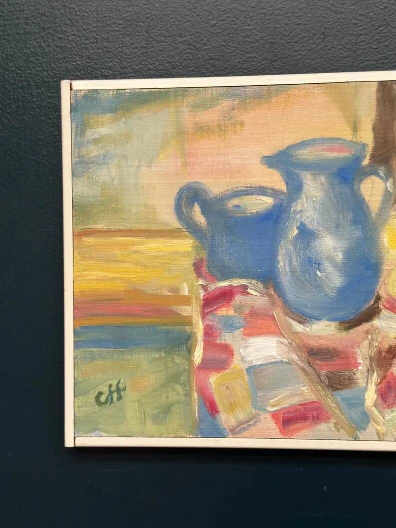 Original Swedish Oil on Panel – “Blue Pitchers and Lemon” by Off – Signed – Vintage and Framed – 37 × 29 cm (14.6 in × 11.4 in)