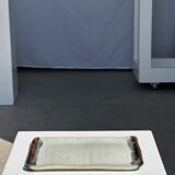 Trio of small rectangular serving dishes white and black Indonesian ceramic 21x16