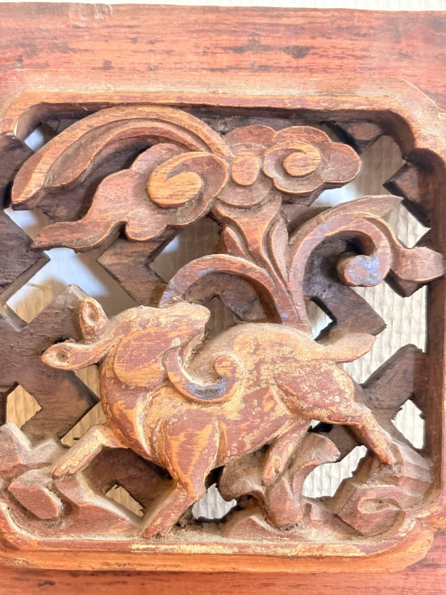 Antique Carved Wood Panel Decor deer Qilin China Asia Qing Republic