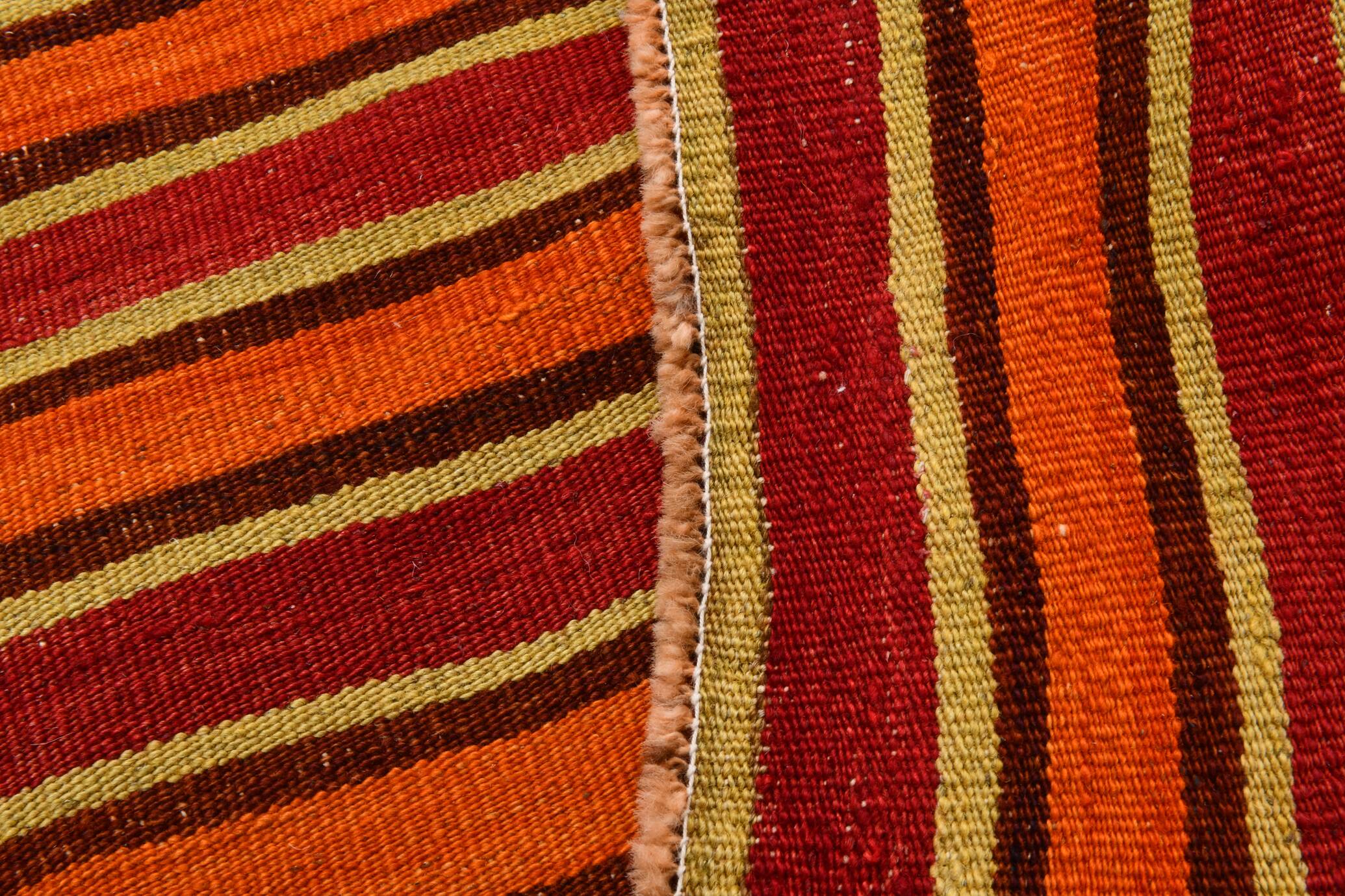 Pumpkin Orange Striped Turkish Woven Kilim Rug, 158x390 Cm
