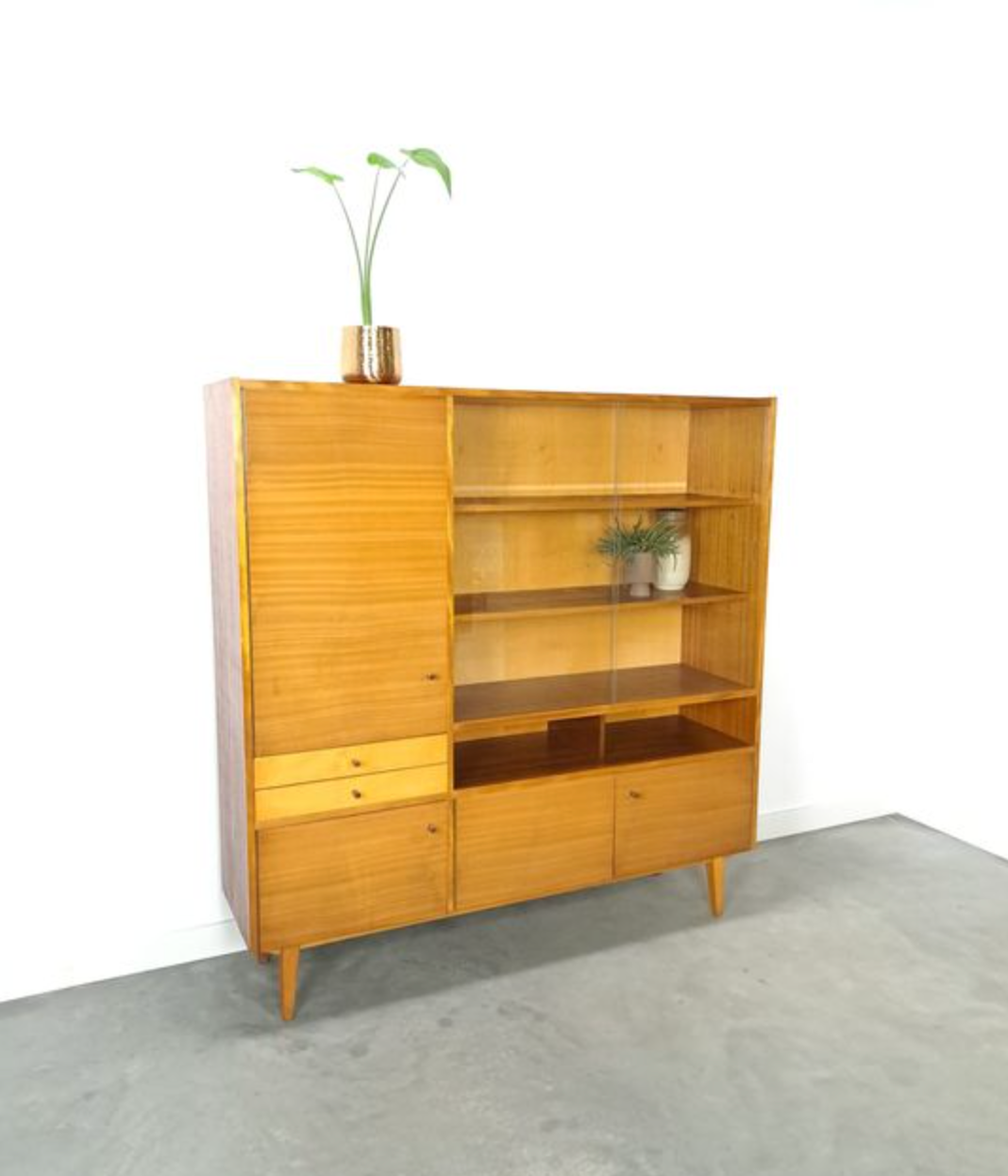 Vintage wooden sideboard with sliding glass doors and drawers