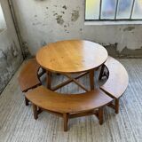 Set of round table and 4 rounded benches, 1950