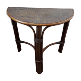 Gueridon en demi-lune vintage en rotin et cannage sur bois