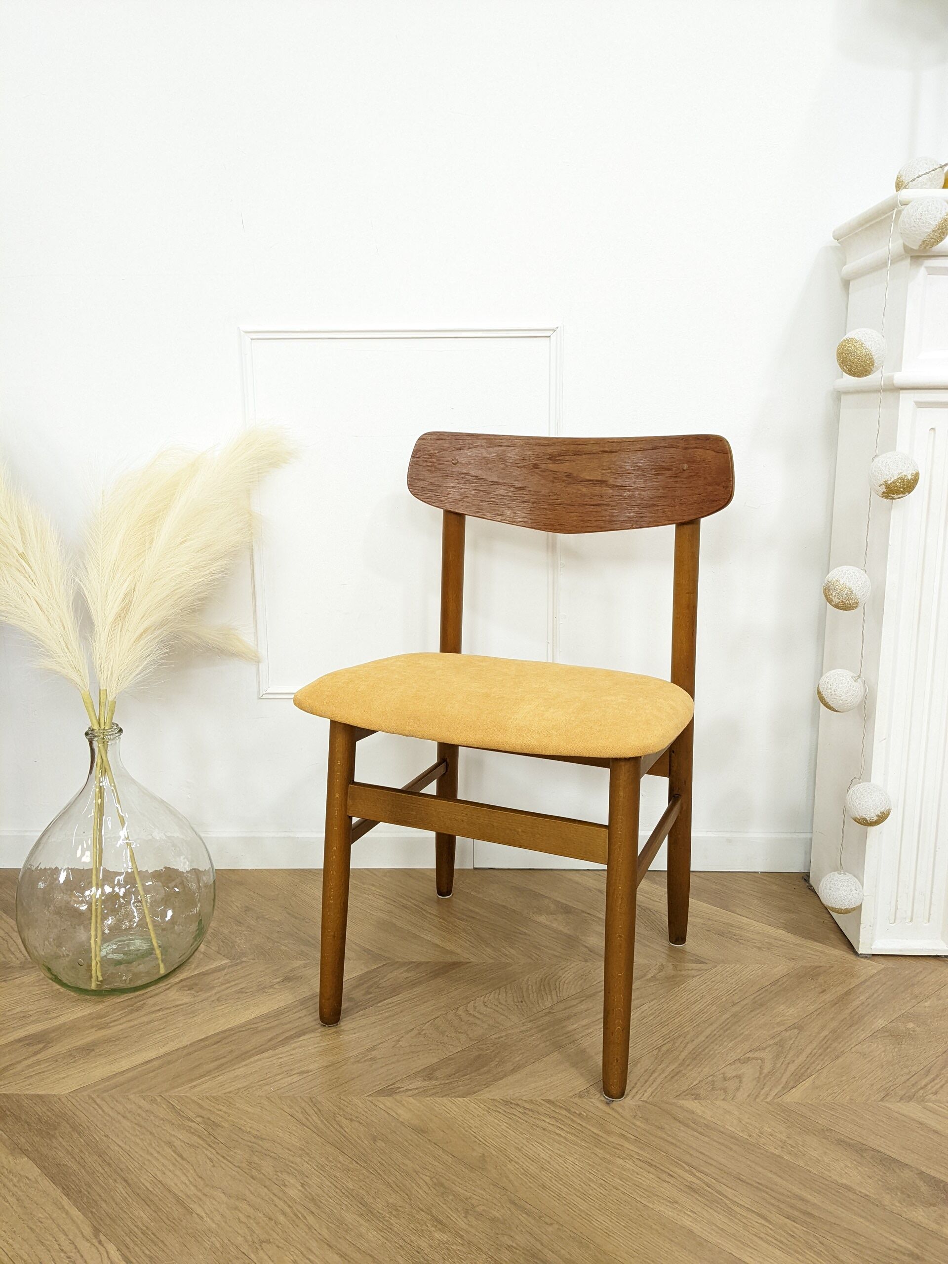 Scandinavian chair with mustard yellow fabric