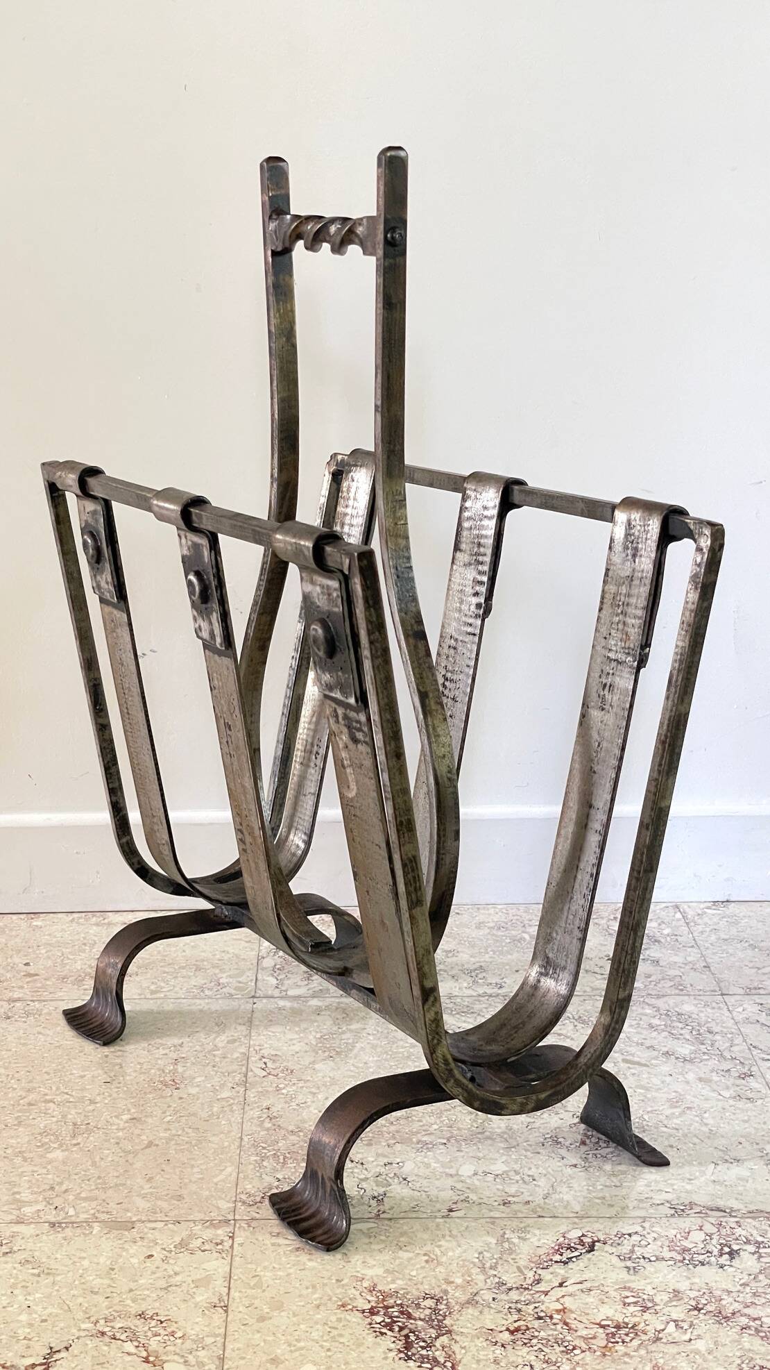 Brutalist vintage steel magazine rack
