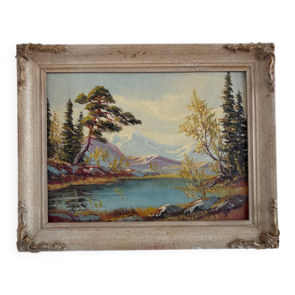 Vintage original landscape oil painting, framed mountain river art