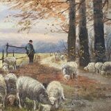 Tableau impressionniste "Berger se ses moutons" XIX° siècle signé Barbizon