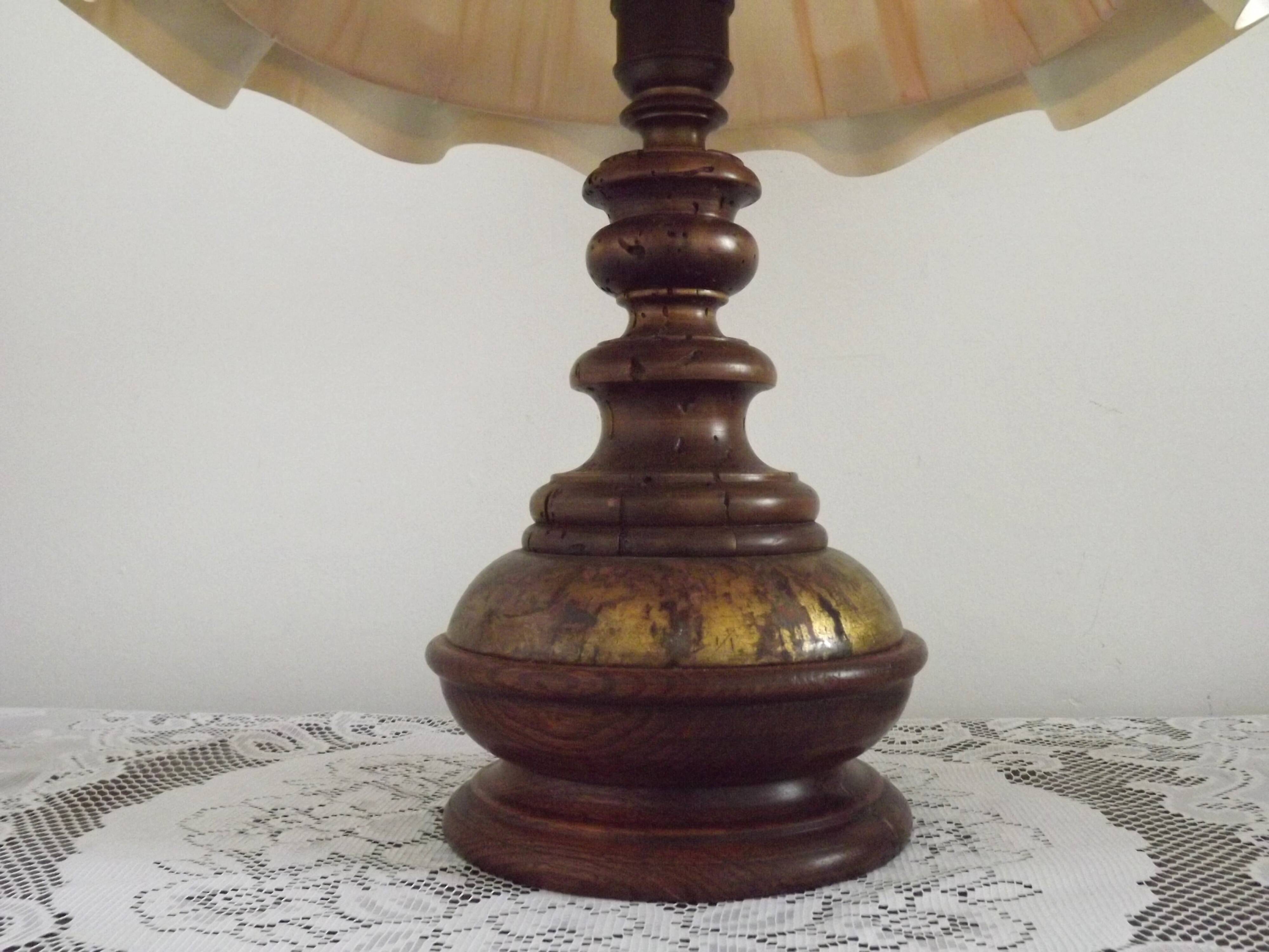 Vintage French Country Style Lamp Turned Wood Base & Layered Fabric Shade
