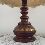 Vintage French Country Style Lamp Turned Wood Base & Layered Fabric Shade