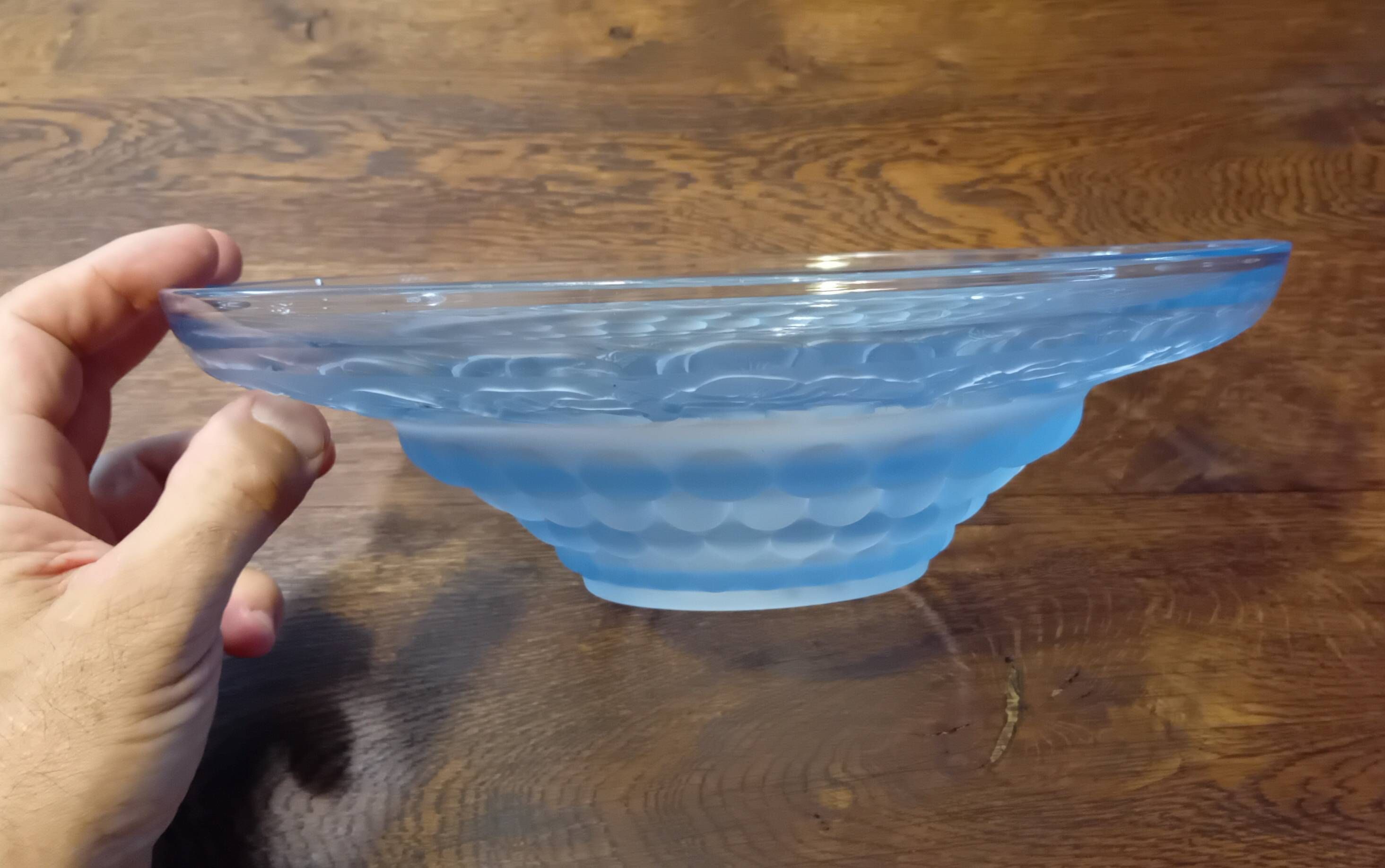 Art Deco blue glass centrepiece bowl with pansy decoration - 30 cm