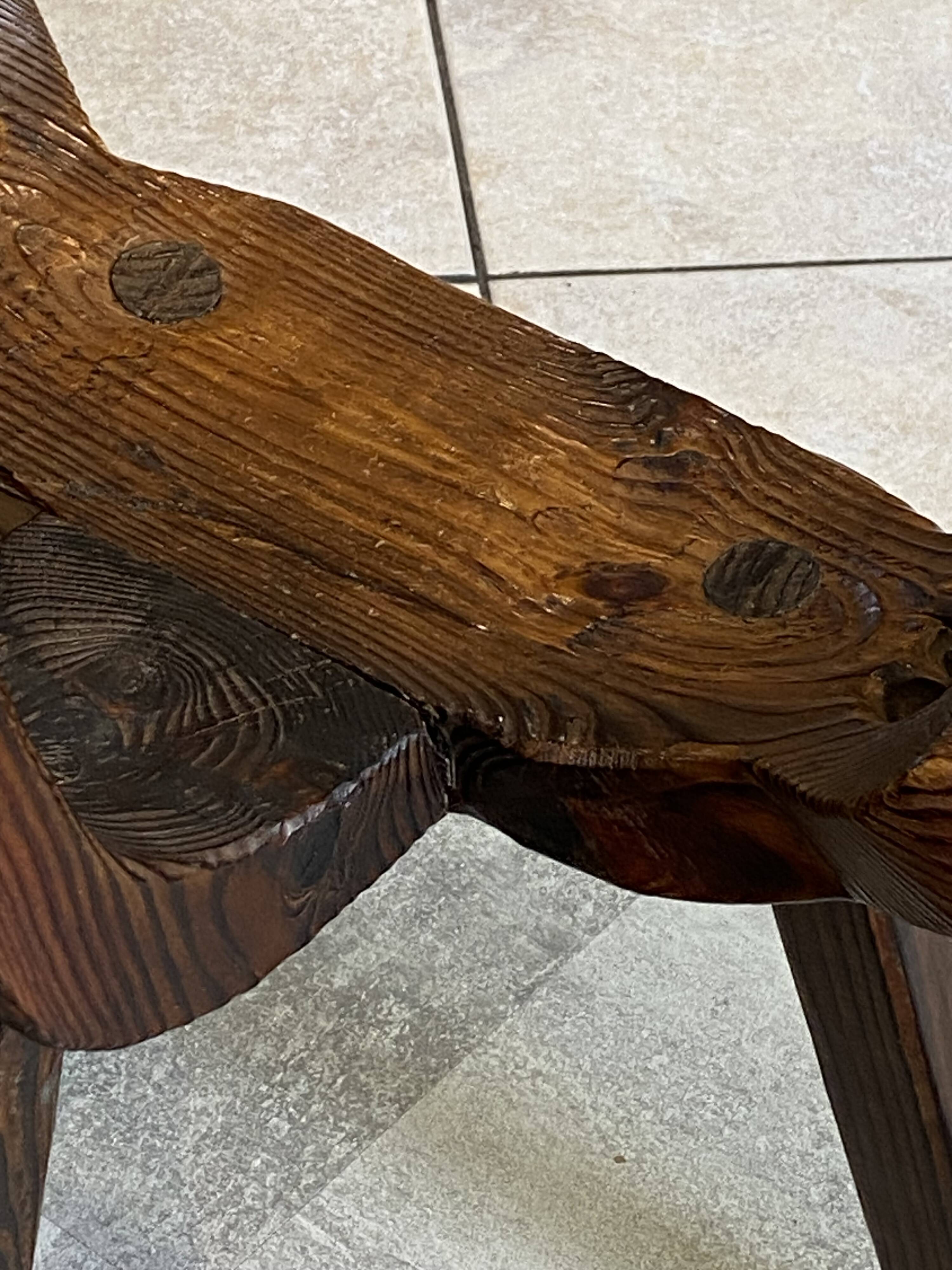 Brutalist tripod chair n2, carved solid wood, antique.