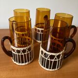 Set of 5 glass and rattan mugs