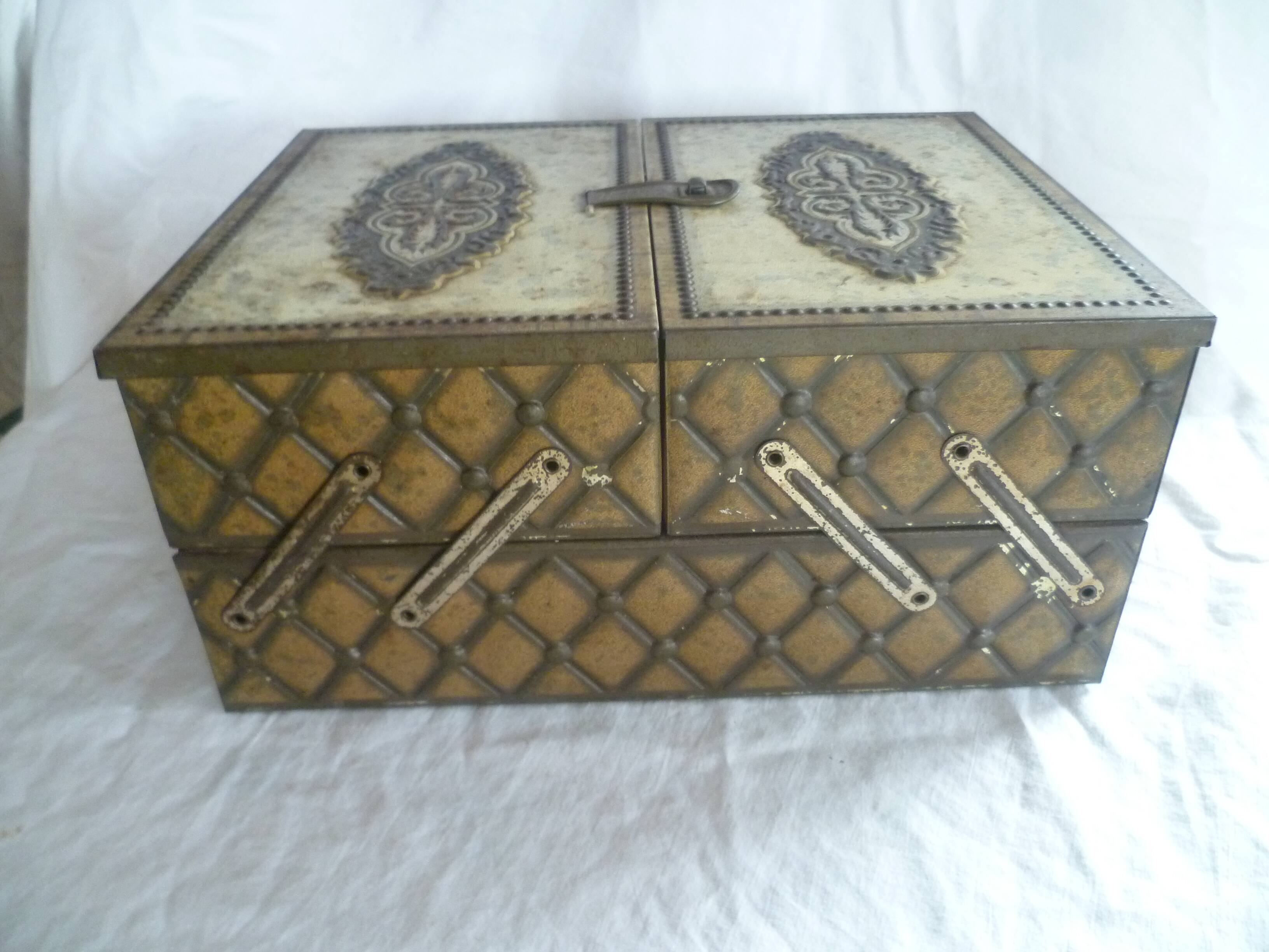 Iron sewing box, old Victoria biscuit tin, collector's item
