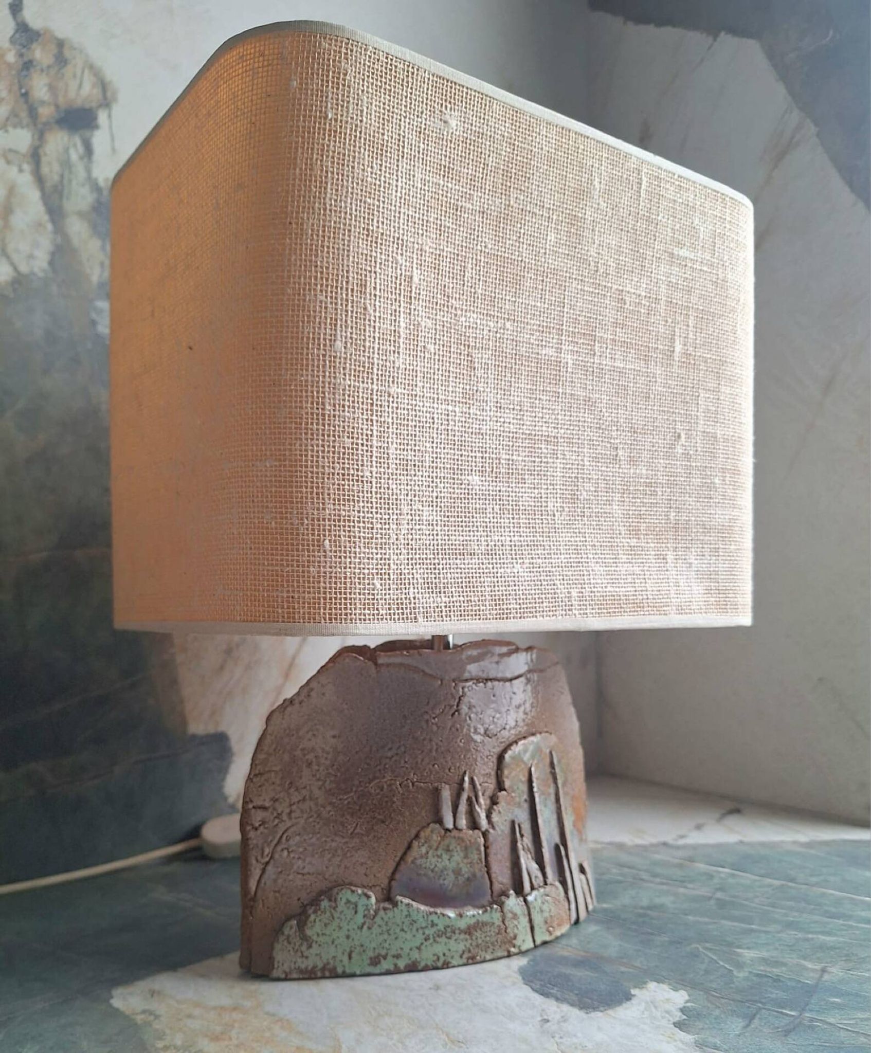 Vintage ceramic lamp signed, antique light fixture.