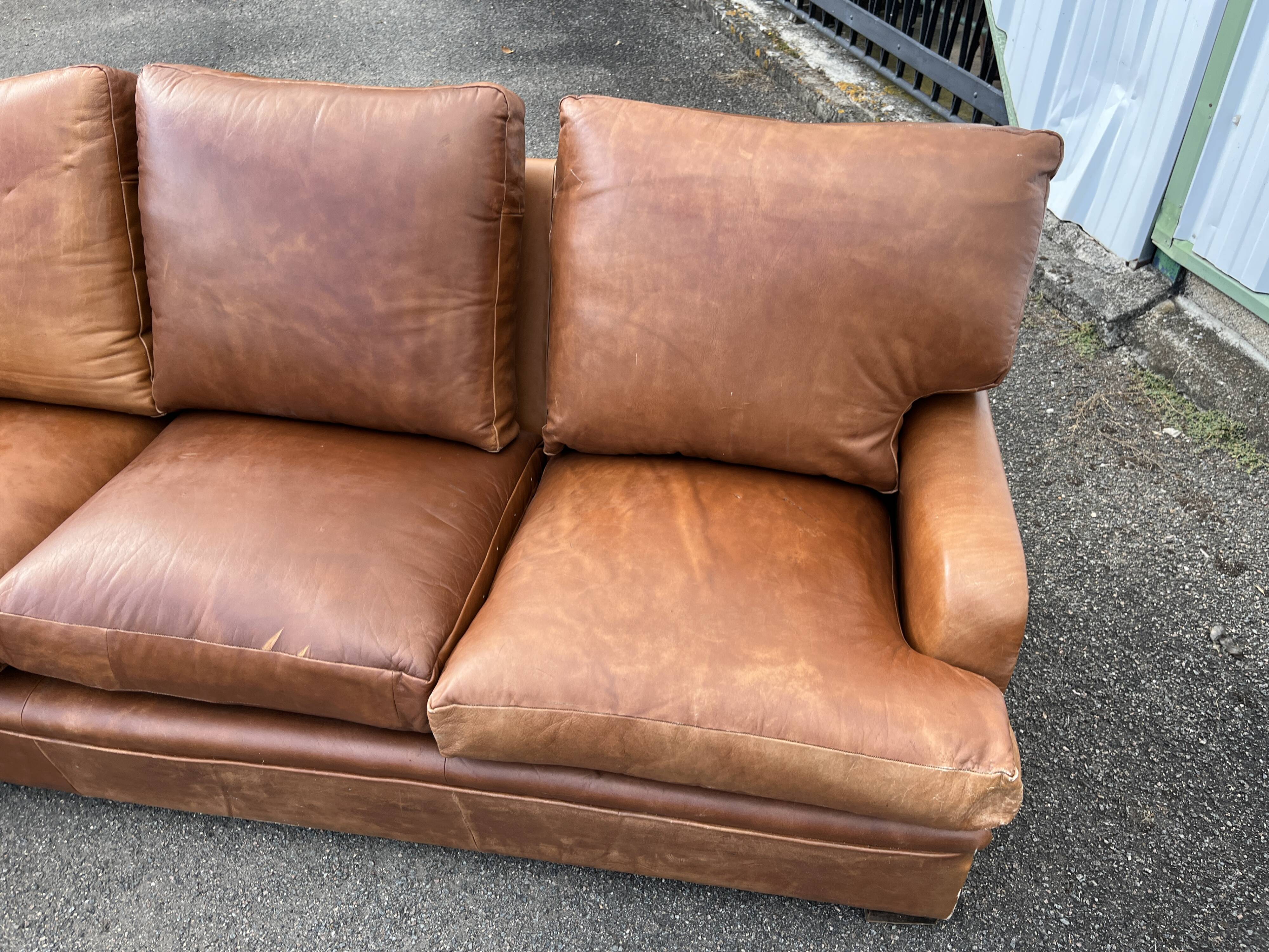 Vintage brown leather living room - 3 seater sofa and 2 matching armchairs