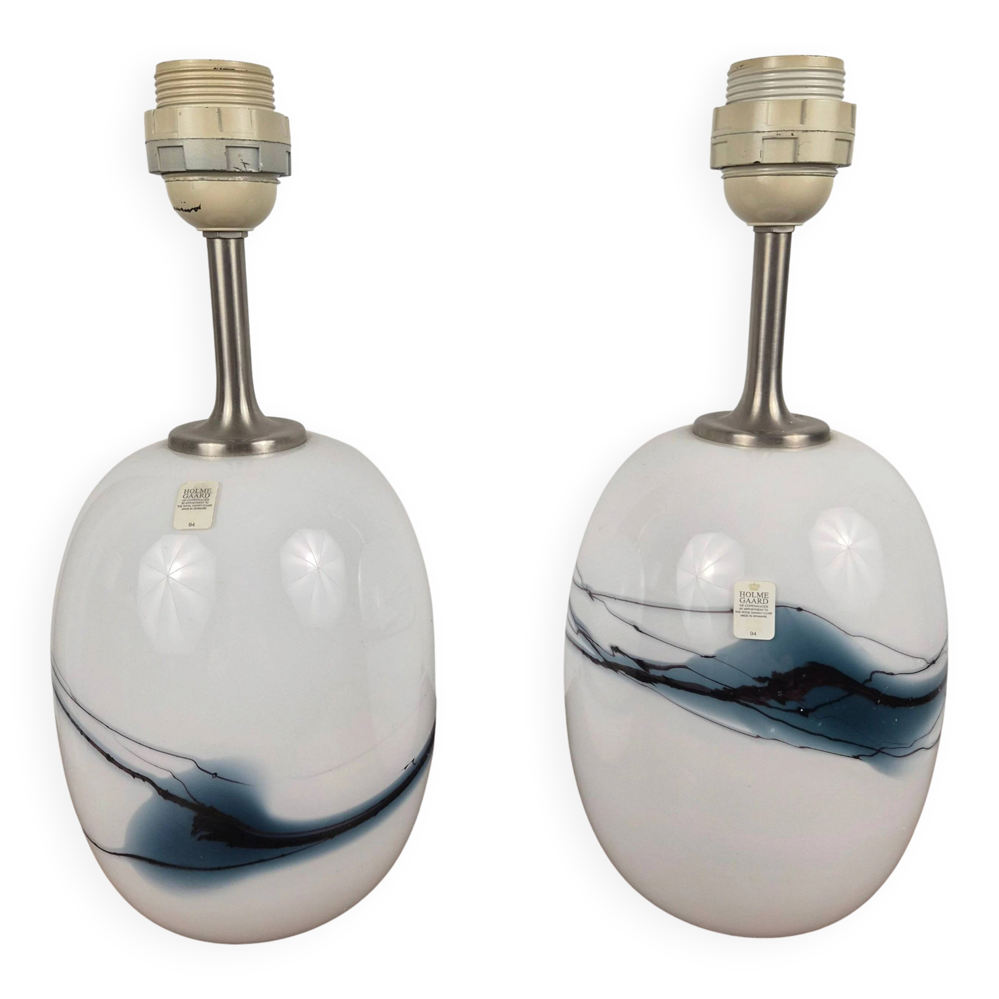 Pair of blown glass table lamps with a blue Sakura pattern by Michael Bang for Fyens Glasværk, Denmark, 1960.