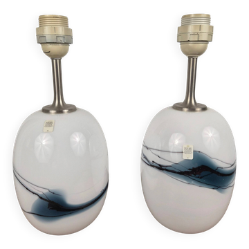 Pair of blown glass table lamps with a blue Sakura pattern by Michael Bang for Fyens Glasværk, Denmark, 1960.