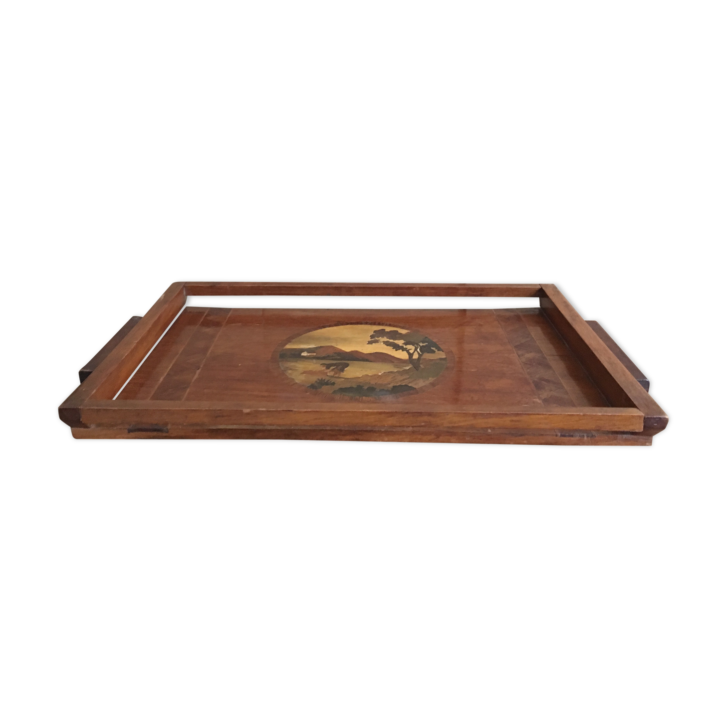 Old wooden serving tray with marquetry drawing