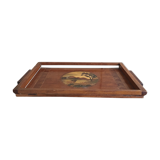 Old wooden serving tray with marquetry drawing