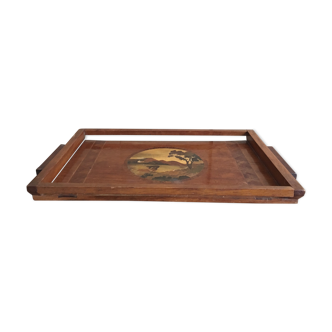 Old wooden serving tray with marquetry drawing