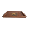 Old wooden serving tray with marquetry drawing
