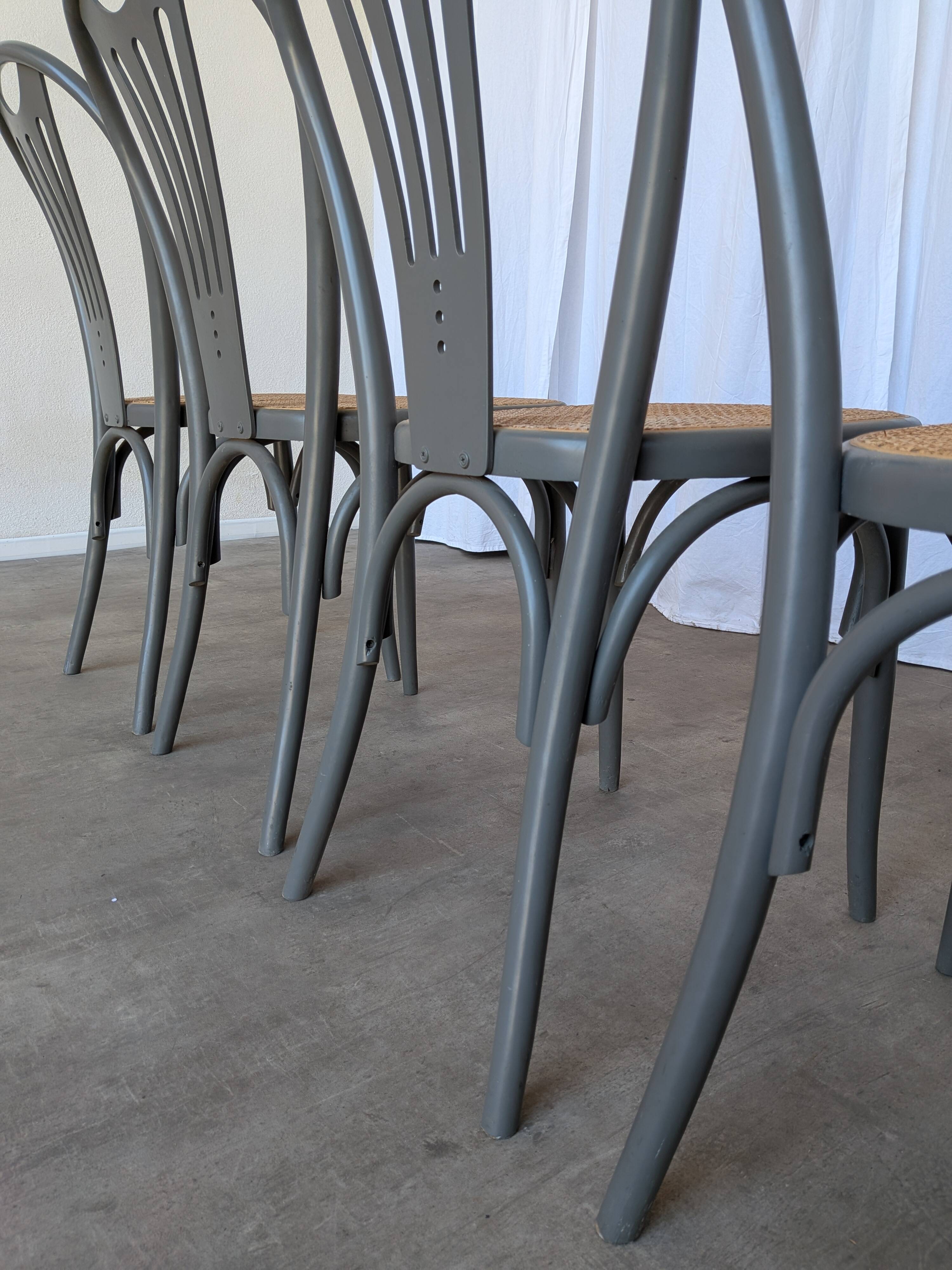 Set of 4 Vintage Gray Thonet Style Dining Chairs with Cane Seat